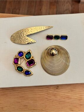 Gold-Tone Multi-Stone Brooch Lot of 4- Purple, Green & Blue Accents